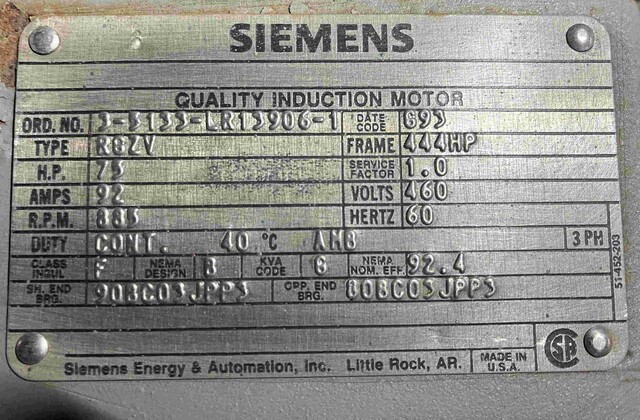 75 HP 885 RPM Siemens, Frame 444HP, TEFC, VSS, vertical solid shaft, vertical solid shaft, no ratchet, 460 - Image 2