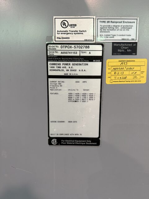 3000 Amp. Cummins Onan #OTPCH-5702788, Automatic Transfer Switch, 480 Volts, 3-pole, PowerCommand digital - Image 4
