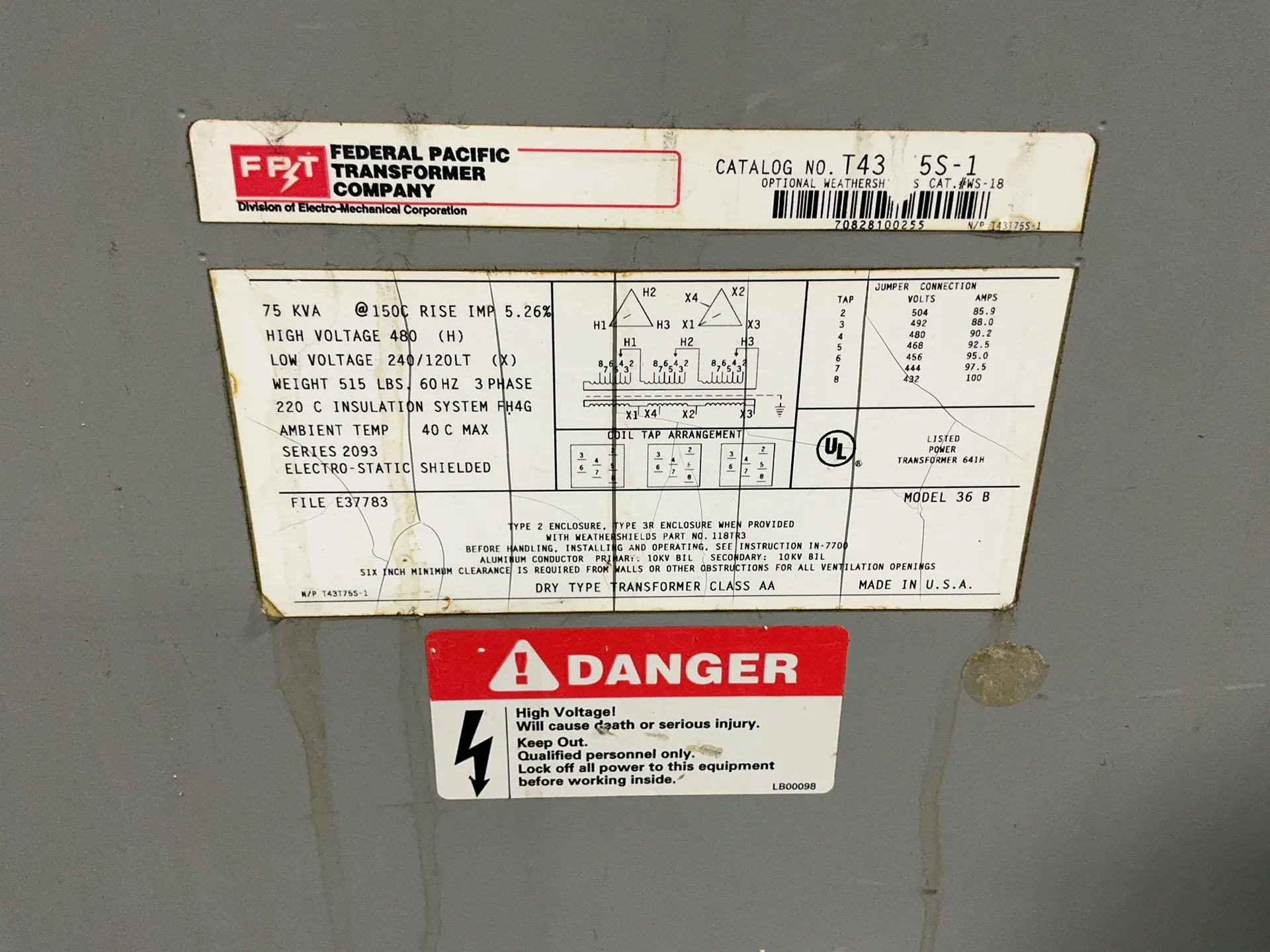 75 KVA 480 Primary, 240/120LT Secondary, Federal Pacific #T43T75S-1, Dry Type Transformer, 3 Phase - Image 3