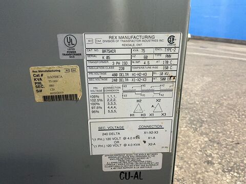 75 KVA 480 Delta Primary, 240 Delta Secondary, Rex #BA75HCA, Transformer, 3 phase, type 2 enclosure - Image 7