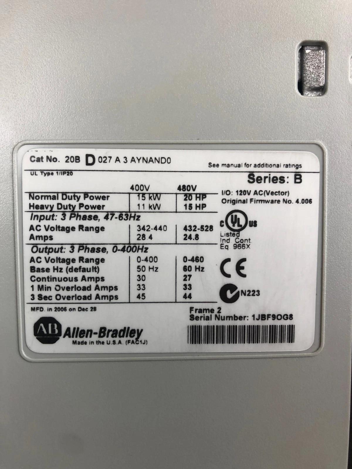 20 HP Allen-Bradley #20BD027A3AYNAND0, PowerFlex 700 Series B AC Drive, 480 Volts, 3PH - Image 4