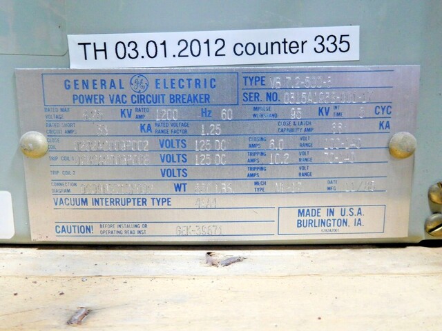 1200 Amps, General Electric #VB-7.2-500-3, power vac vacuum circuit break, 8.25 KV, 33 KA, 95 KV BIL, 125 - Image 8