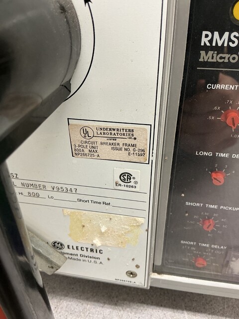 800 Amps, General Electric #TP88SSZ, Power Break Circuit Breaker, 3 Pole, 600 VAC, RMS-9 Micro Versa Trip - Image 3