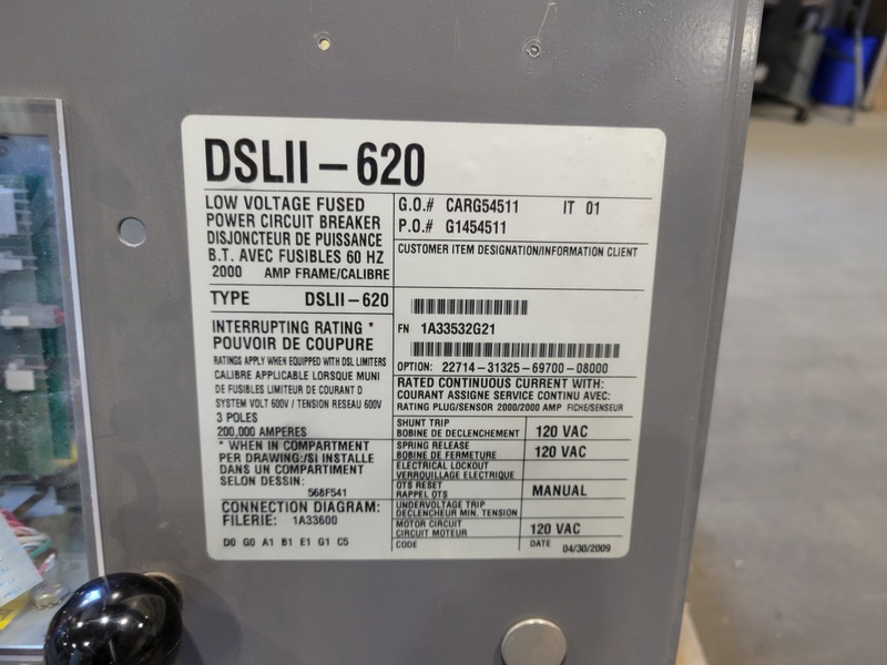 2000 Amps, Cutler-Hammer, DSLII-620, Drawout Air Circuit Breaker, 600 Volts, 3 pole, manual stored energy - Image 2