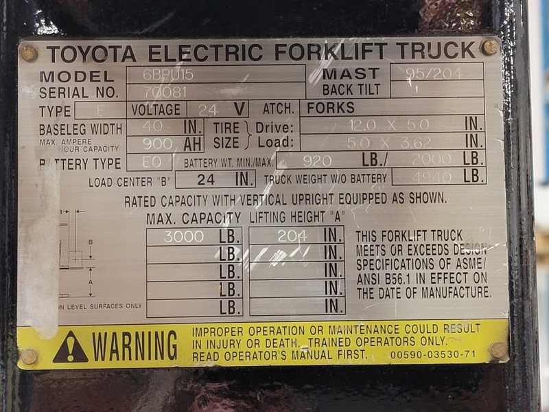 3000 lb. Toyota #6BPU15, Electric Order Picker, 48" forks, 204" lift height, 95" lowered mast, 24 Volt - Image 2