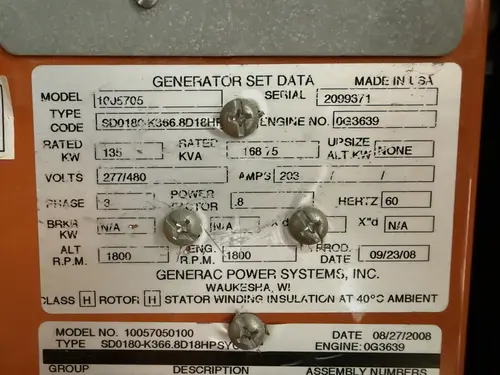 135 KW Generac #10J5705, diesel generator set, 277/480V., 3-Ph., 60 Hz, John Deere 6068HF485T engine, sound - Image 9