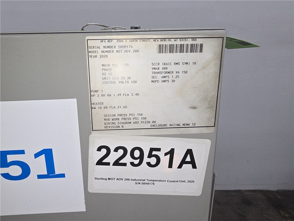 18 KW Sterling #MOT-ADV-200, Single-Zone Water Temperature Control Unit, 150 PSI, 2 HP Pump, 480 V., 2020 - Image 4