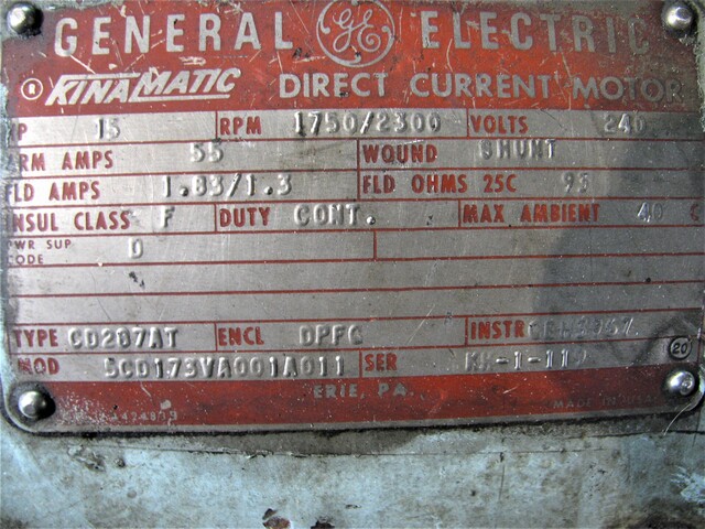 15 HP 1750 RPM General Electric, Frame 287AT, 240 Volts, DPFC, Shunt, DC Motor - Image 2