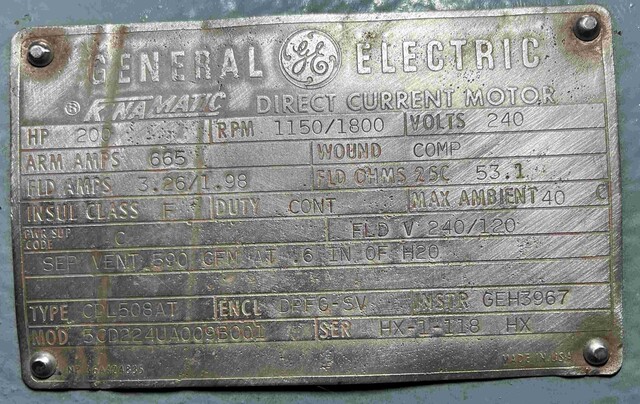 200 HP 1150/1800 RPM General Electric, Frame CDL508AT, 240 Volts, DPFG-SV, Compound, DC Motor - Image 2