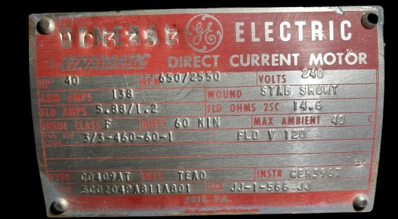 40 HP 650 RPM General Electric, Frame 409AT, 240 Volts, TEAO, Shunt, DC Motor - Image 2