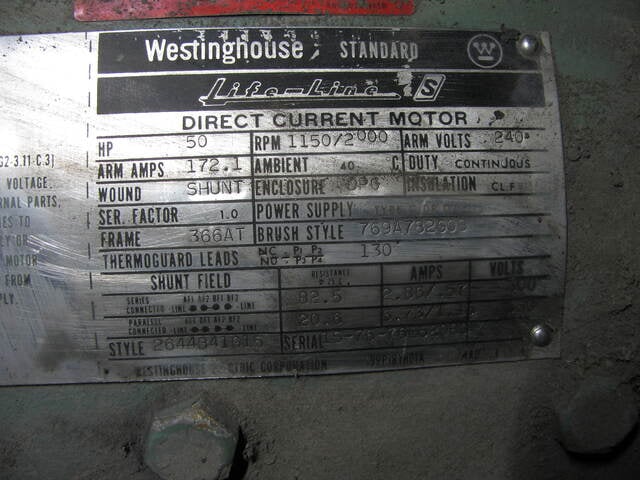 50 HP 1150/2000 RPM Westinghouse, Frame 366AT, 240 Volts, DPG, Stab Shunt, DC Motor - Image 1