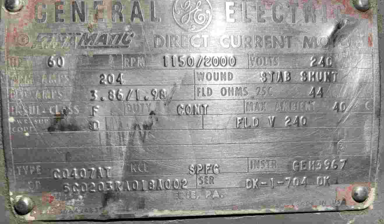 60 HP 1150/2000 RPM General Electric, Frame 407AT, 240 Volts, DPFG, Stab Shunt, DC Motor - Image 3