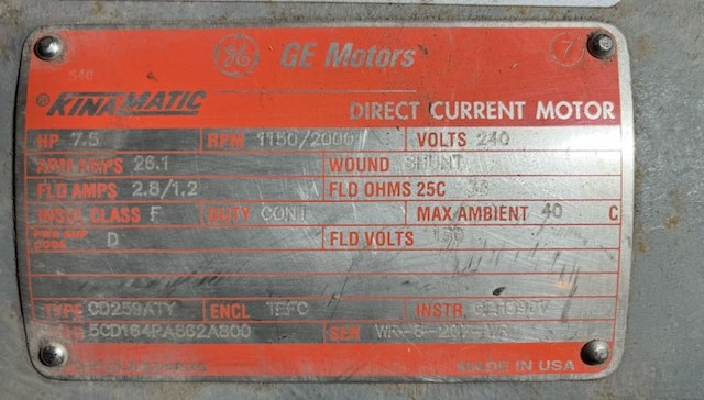 7 HP 1150/2000 RPM General Electric, Frame 259ATY, 240 Volts, TEFC, Shunt, DC Motor - Image 3