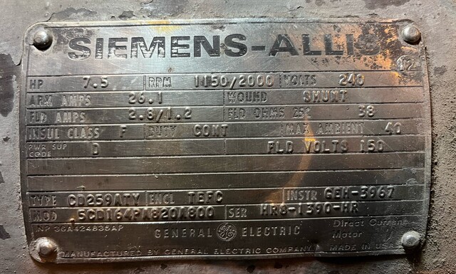 7 HP 1150/2000 RPM Siemens, Frame 259ATY, 240 Volts, TEFC, Shunt, DC Motor - Image 3