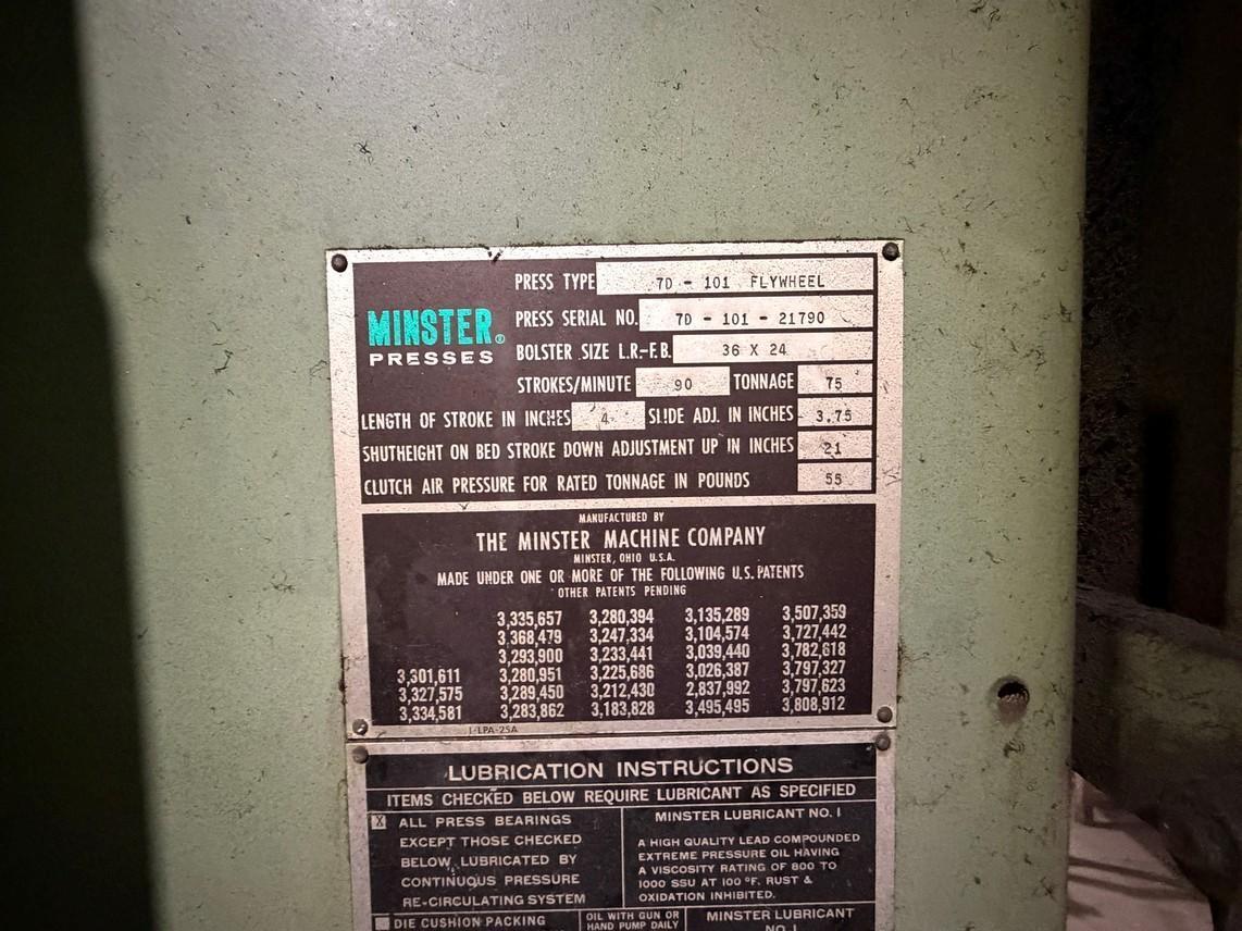 75 Ton, Minster #7D-101, Die-Namic OBI Press, 4" stroke, 21" shut height, 3.75" adjustment, 36" x 24" bed, 15 - Image 5