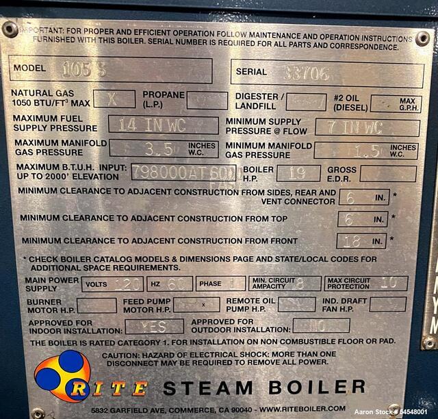 798,000 BTUH Rite #105S, Natural Gas-Fired Low Pressure Steam Boiler, 19 BHP, 15 PSI, 2020 - Image 8