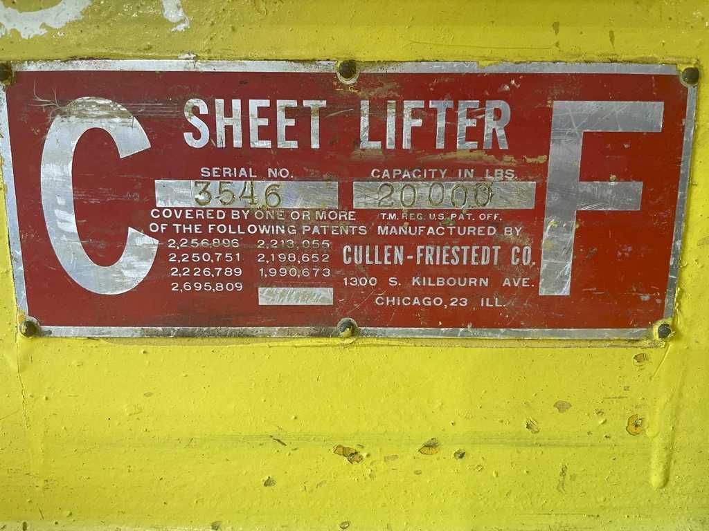 20,000 lb. Cullen-Friestedt, Sheet Lifter, 32-62" W, 84" legs - Image 2