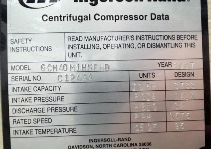 3733 ICFM, 32 PSIG, Ingersoll-Rand #Centac-6CH40M1HSEHD, Centrifugal Air Compressor, 450 HP, 480 V., 2007 - Image 1