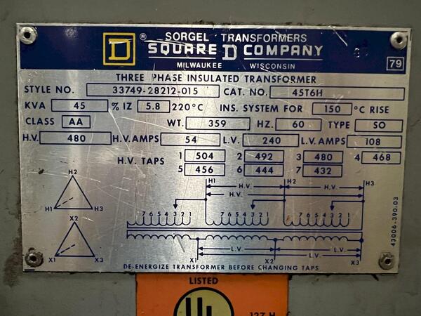 45 KVA 480 Primary, 240 Secondary, Sorgel Square D, Transformer - Image 2