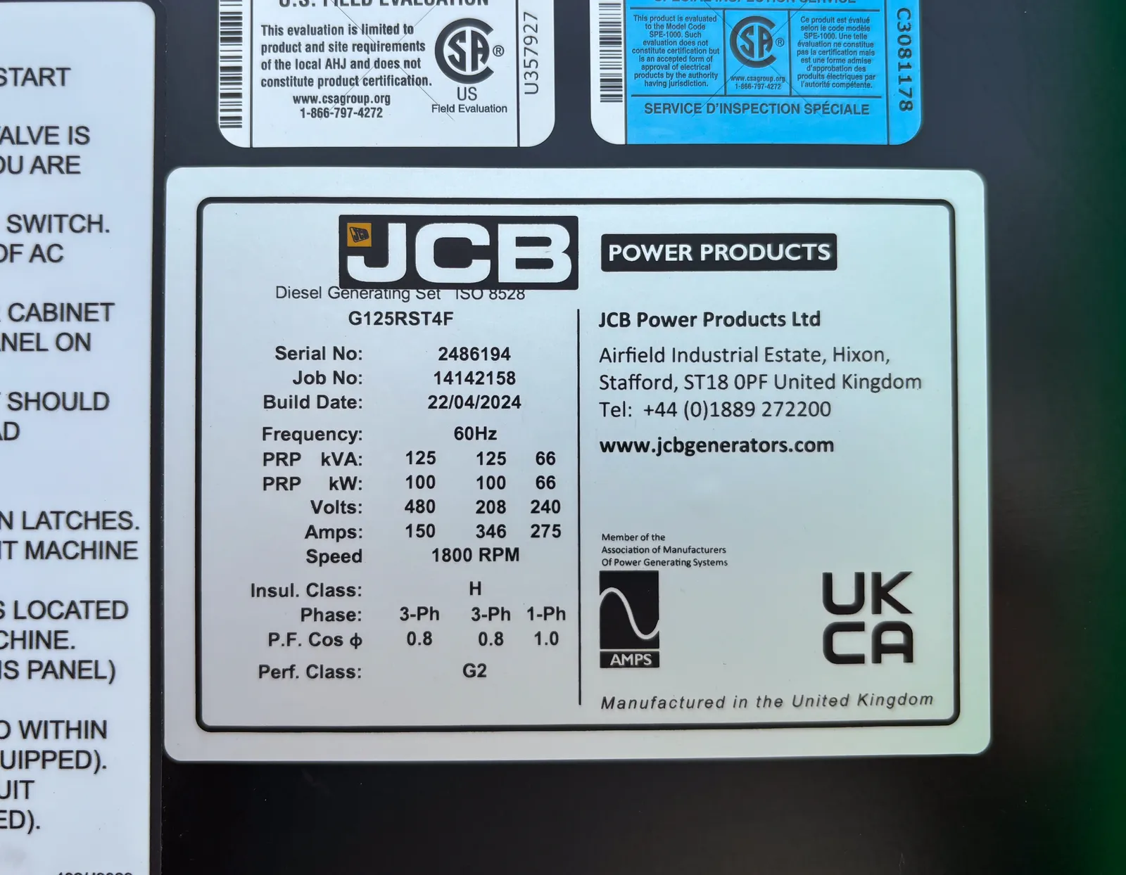 100 KW JCB #G125RST4F, diesel generator set, prime, trailer/enclosed, voltage selector switch, 3 hours, 2024 - Image 6
