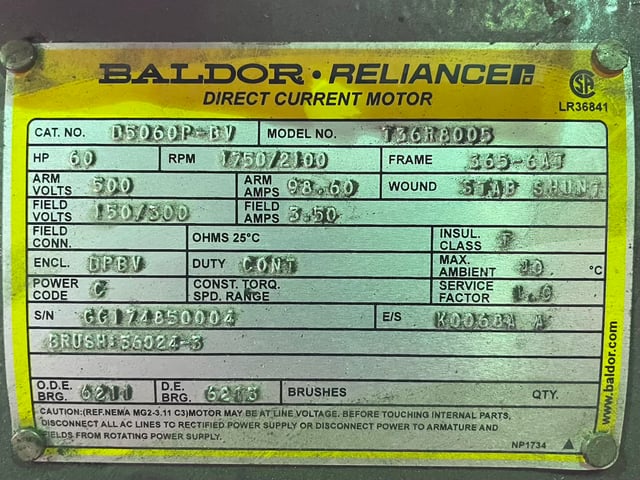 60 HP 1800 RPM Baldor Reliance, Frame 365/6AT, DPFVBB, 500 VA, 300/150 VF, New Surplus - Image 3