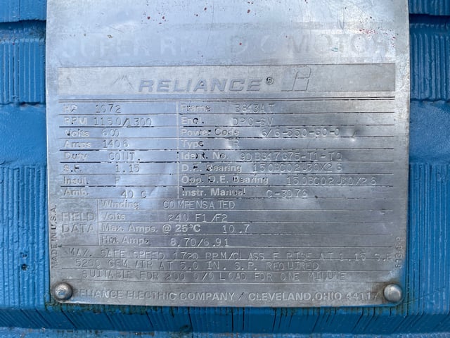 1000 HP 1200 RPM Reliance, Frame B843AT, DPFVBB, 600 VA, 240 VF - Image 3