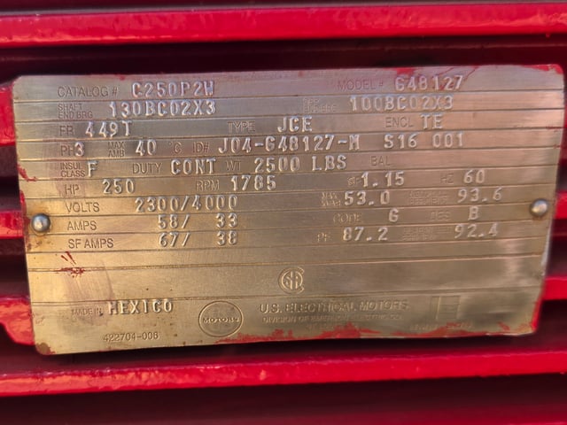 250 HP 1800 RPM U.S. Motors, Frame 449T, TEFC BB, 2300/4000 Volts - Image 2