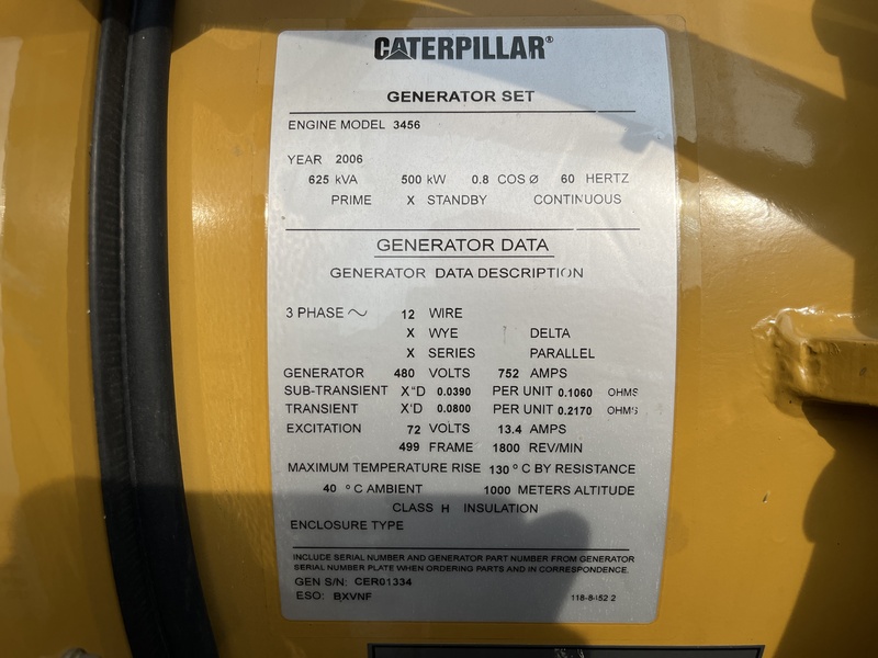 500 KW Caterpillar #3456, diesel generator set, 277/480 Volts, 700 hours, 1800 RPM, open skid, 300 gal. - Image 9