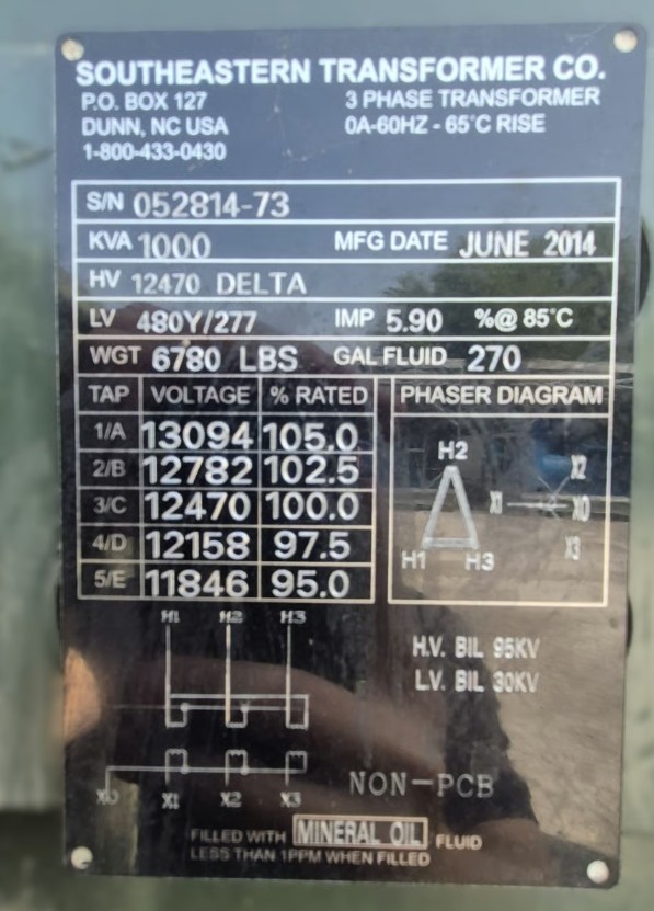 1000 KVA 12470 Delta Primary, 480Y/277 Secondary, Southeastern, 3PH Padmount Transformer, 2014 - Image 2