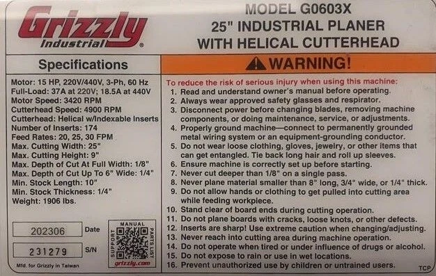 25" Grizzly Industrial #G0603X, industrial helical head planer, showroom grade / mechanically flawless - Image 8