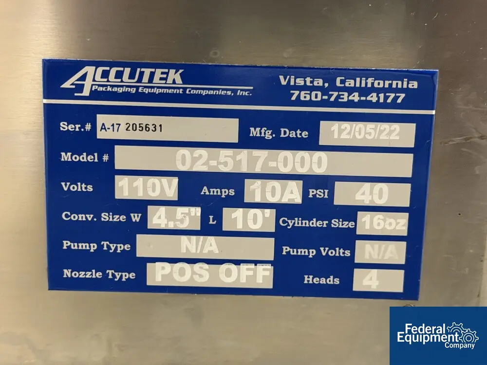 Accutek #AVF4-16, Inline Piston Filler, bottom up fill, slat conveyor, Delta Control, 2022 - Image 2