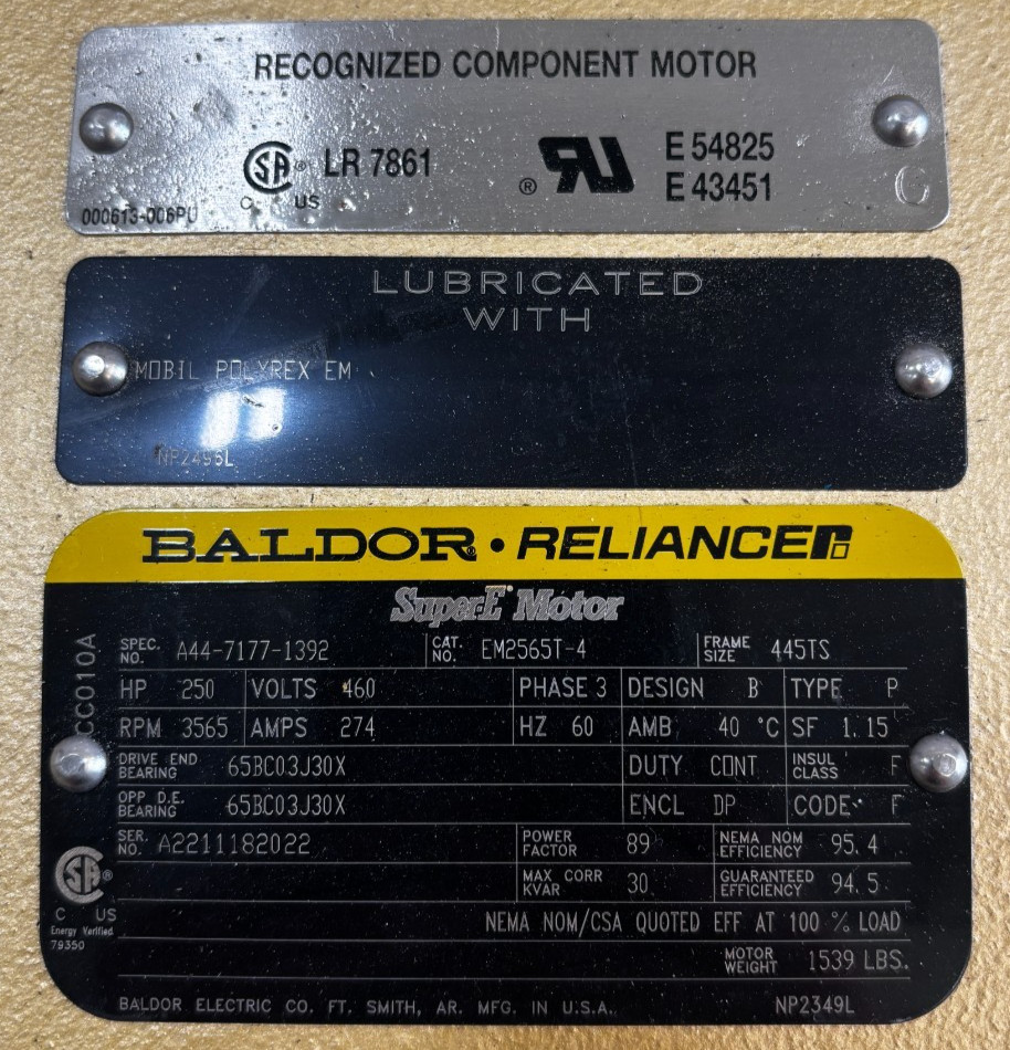 250 HP 3565 RPM Baldor Reliance #EM2565T-4, Super-E, Frame 445TS, ODP, 274 amp, 460 Volts, 3 phase, NEW - Image 2