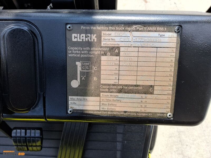 5,000 LB Clark #CGC25, Propane Forklift, 189" lift height, 42" forks, 3 stage mast, side shift, 1023 hours - Image 6