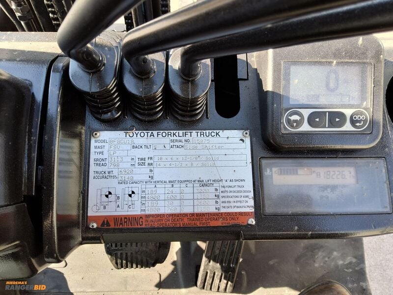 3,500 LB Toyota #8FGCU18, Propane Forklift, 189" lift height, 42" forks, 3 stage mast, side shift, 18226 hours - Image 6