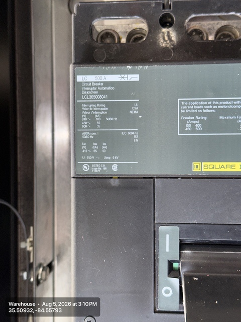500 Amps, Square D #LCL365008041, Molded Case Circuit Breaker, 3-pole, 600 VAC, 65 kA at 480 Volts, AL600LI5T - Image 2