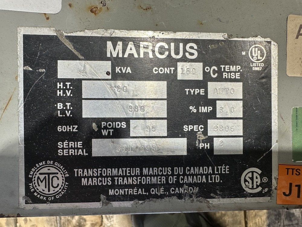 6 KVA 480 Primary, 380 Secondary, Marcus Transformer of Canada, Ltd., Autotransformer, 3-Phase - Image 1