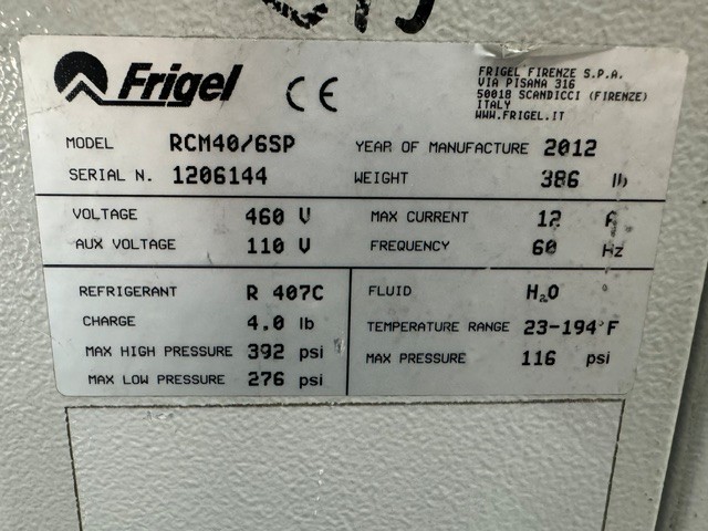 6 KW Frigel #RCM40/6SP, chiller & temperature controller, 2.5 ton, 1.5 HP pump, 20 GPM @ 40 psi, 460 V. - Image 4