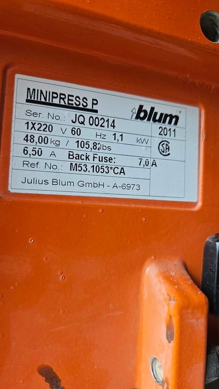 1 Spindle, Blum #Minipress-P, Vertical Pneumatic Boring & Insertion Machine, 35 mm hinge cup boring, 220 V. - Image 5
