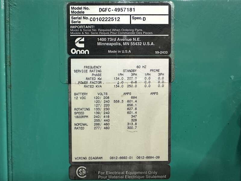 200 KW Cummins #DGFC, diesel generator set, 277/480 Volts, 317 HP @ 1800 RPM, 6CTAA8.3-G1 engine, 346 hours - Image 10