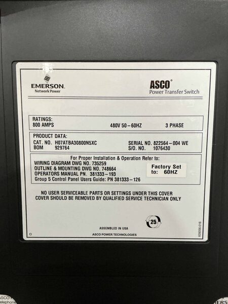 800 Amp. ASCO #H07ATBA30800N5XC, automatic transfer switch, 480 Volts, 3PH, 3-pole, Nema 1, isolation bypass - Image 3
