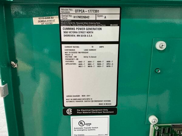 70 Amp. Cummins #OTPCA-1777391, automatic transfer switch, 480 Volts, 3PH, 3-pole, 2017 - Image 5