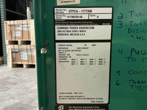 125 Amp. Cummins #OTPCA-1777390, automatic transfer switch, 480 Volts, 3PH, 3-pole, 2017 - Image 4