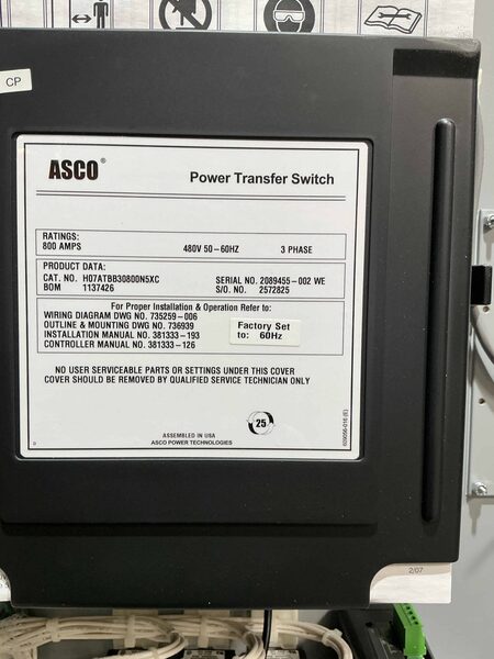 800 Amp. ASCO #H07ATBB30800N5XC, automatic transfer switch, 480 Volts, 3PH, Nema 1, isolation bypass - Image 5