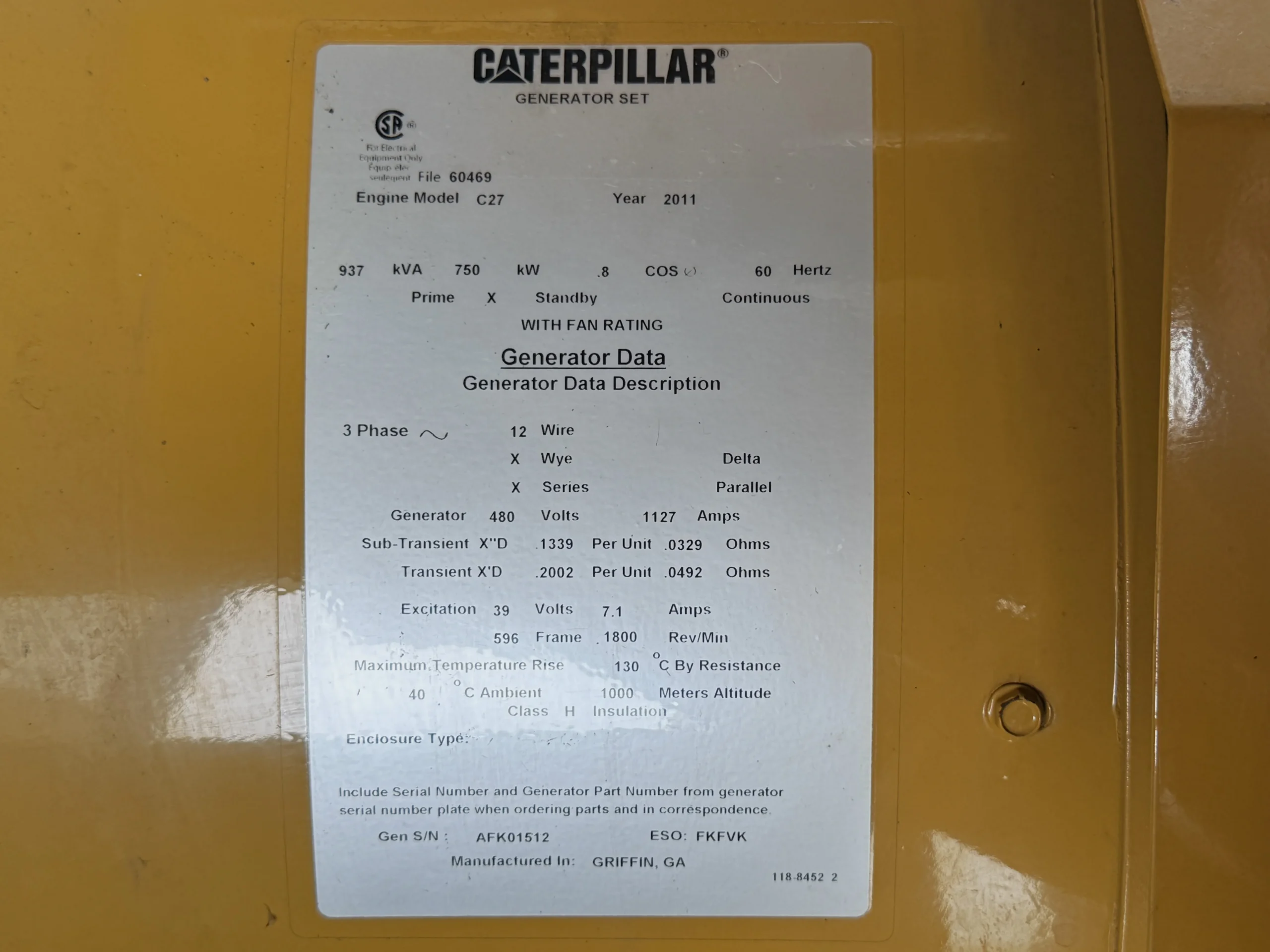750 KW Caterpillar #C27, Diesel Generator Set, 480 Volts, 1800 RPM, 1375 gallon fuel tank, sound attenuated - Image 6
