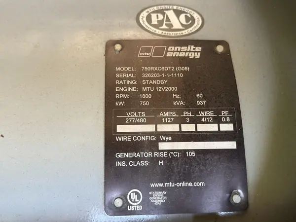 750 KW MTU #750RXC6DT, Diesel Generator Set, 480 Volts, 1800 RPM, sound attenuated enclosure, 3500 gallon - Image 4