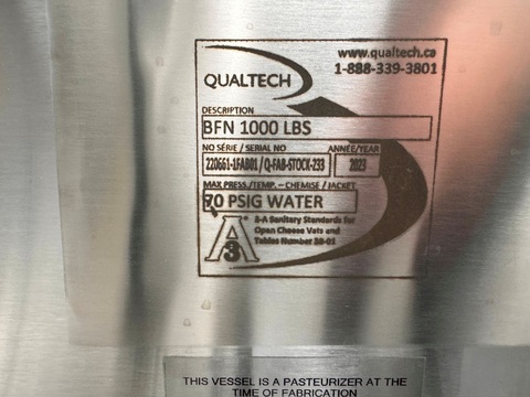 1,000 lb. Qualtech, Jacketed Pasteurizing Cheese Vat, 70 psig water max. jacket pressure, 2023 - Image 5