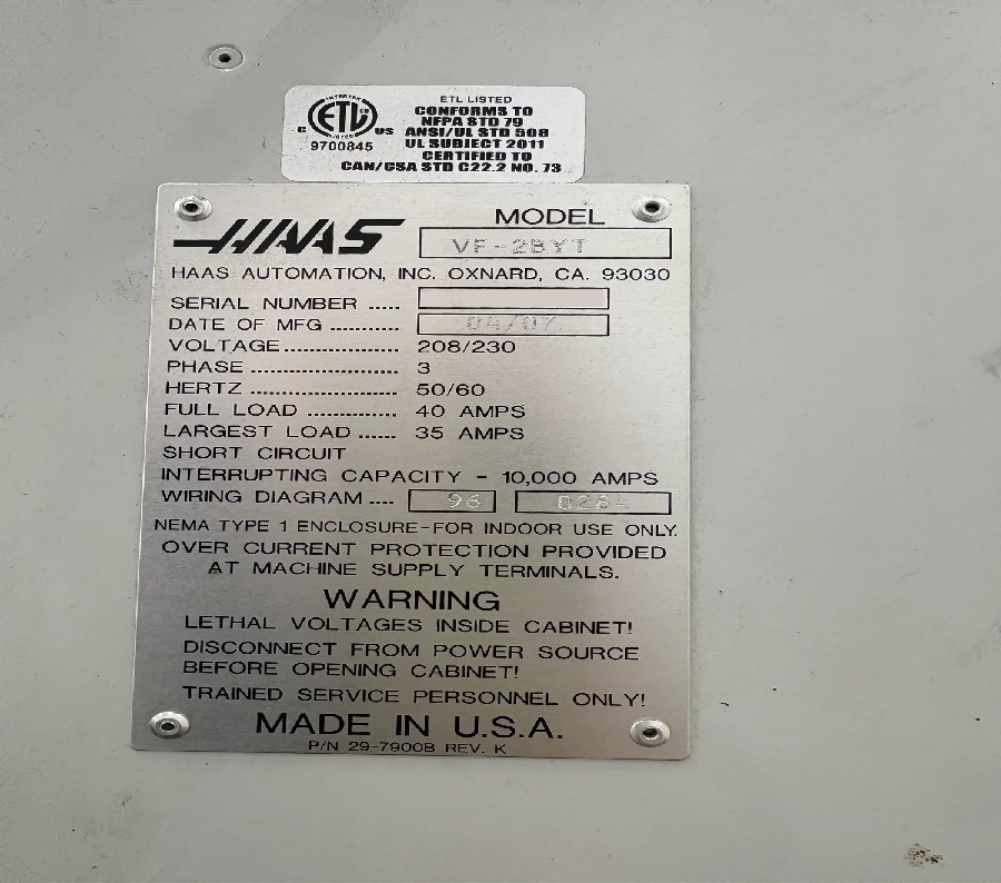 Haas #VF-2BYT, CNC Vertical Machining Center, 30" X, 20" Y, 20" Z, 20 HP, 10,000 RPM, CAT 40, 20 automatic - Image 6