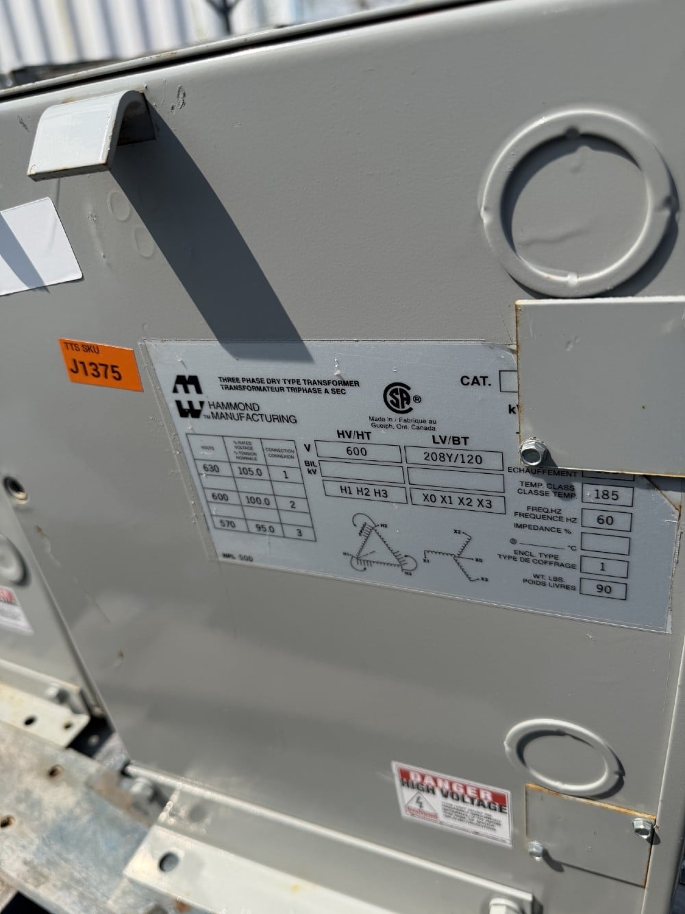 6 KVA 600 Delta Primary, 208Y/120 Secondary, Hammond Mfg., Dry Type K Transformer, Isolation, 3-Phase, 60 Hz - Image 4