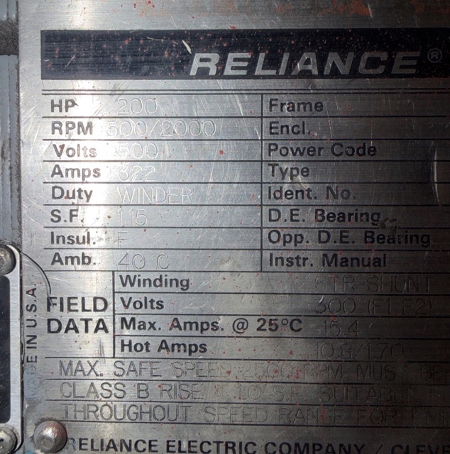 200 HP 500/2000 RPM Reliance Frame B588ATZ, STR-Shunt, DPG-FV, 500 VA, 300 VF (3 available) - Image 1