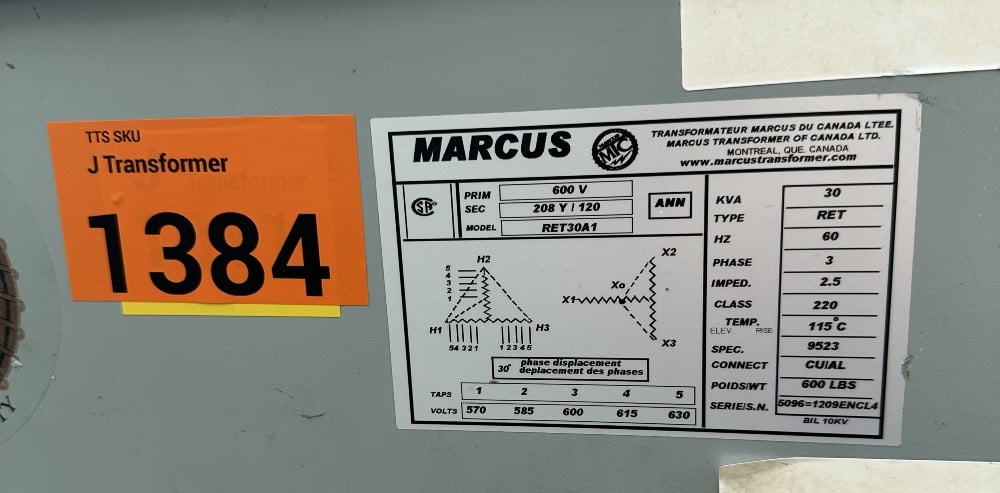 30 kVA 600 Delta Primary, 208Y/120 Sec, Marcus, Dry-Type Isolation Transformer, Insulated Class 220C - Image 1